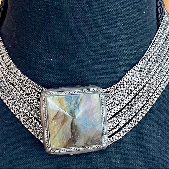 Silver Multistrand Necklace with Colorful Stone Chainmail Grunge Choker Boho VTG - Picture 6 of 12